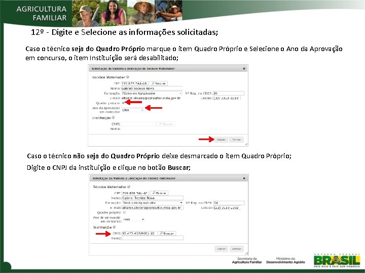 12º - Digite e Selecione as informações solicitadas; Caso o técnico seja do Quadro