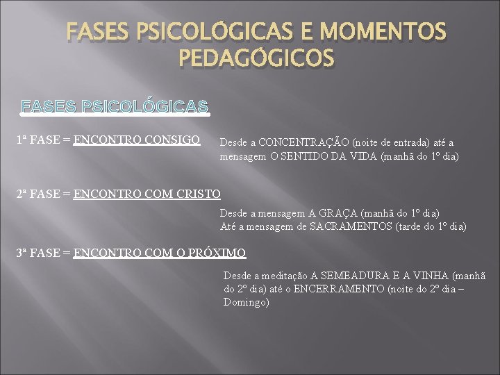 FASES PSICOLÓGICAS E MOMENTOS PEDAGÓGICOS FASES PSICOLÓGICAS 1ª FASE = ENCONTRO CONSIGO Desde a