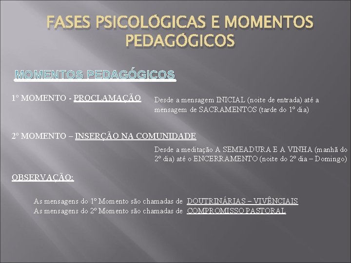 FASES PSICOLÓGICAS E MOMENTOS PEDAGÓGICOS 1º MOMENTO - PROCLAMAÇÃO Desde a mensagem INICIAL (noite