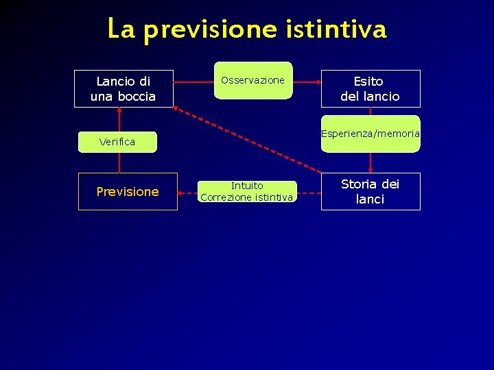 La previsione istintiva Lancio di una boccia Osservazione Esperienza/memoria Verifica Previsione Esito del lancio