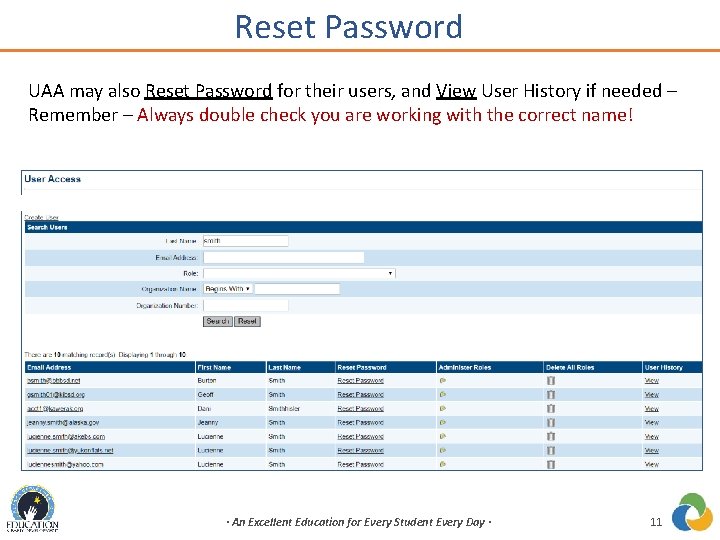 Reset Password UAA may also Reset Password for their users, and View User History