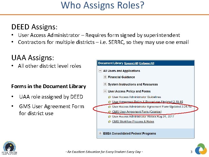 Who Assigns Roles? DEED Assigns: • User Access Administrator – Requires form signed by