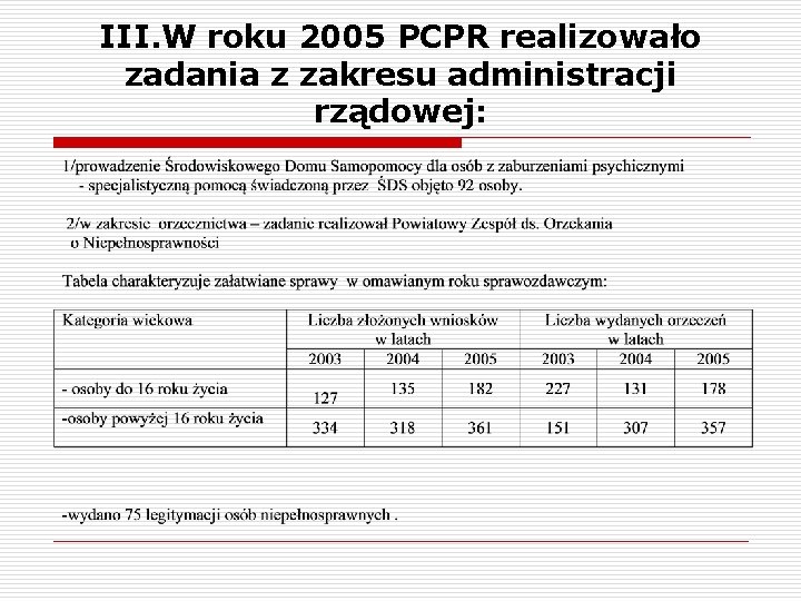 III. W roku 2005 PCPR realizowało zadania z zakresu administracji rządowej: 