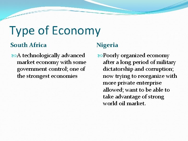 Type of Economy South Africa Nigeria A technologically advanced market economy with some government