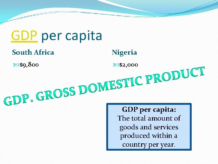 GDP per capita South Africa Nigeria $9, 800 $2, 000 GDP per capita: The