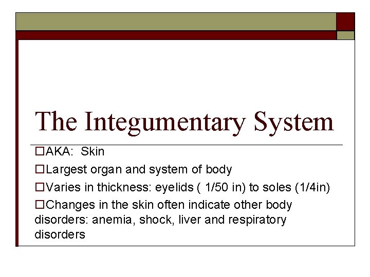 The Integumentary System AKA: Skin Largest organ and system of body Varies in thickness: