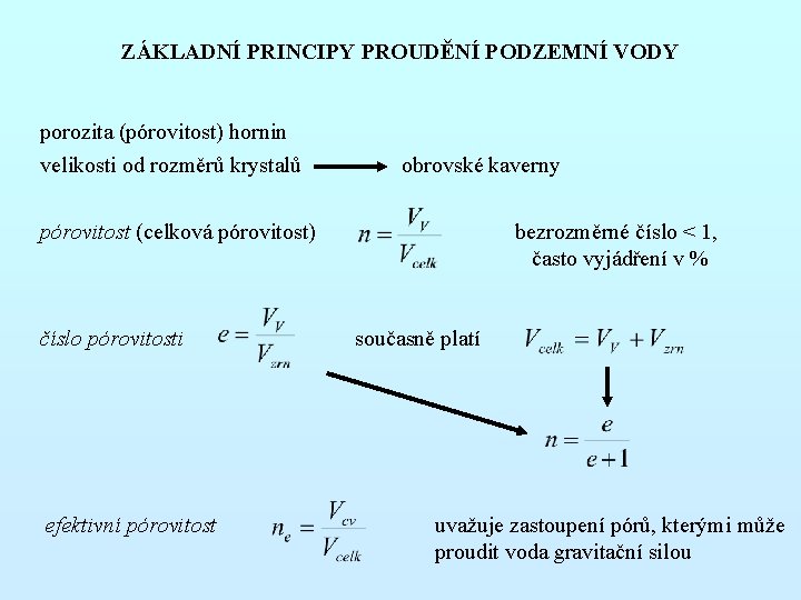 ZÁKLADNÍ PRINCIPY PROUDĚNÍ PODZEMNÍ VODY porozita (pórovitost) hornin velikosti od rozměrů krystalů obrovské kaverny