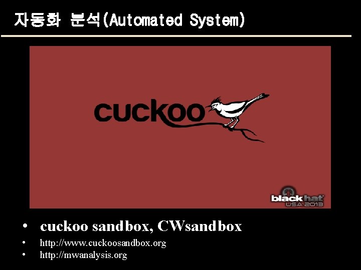 자동화 분석(Automated System) • cuckoo sandbox, CWsandbox • • http: //www. cuckoosandbox. org http: