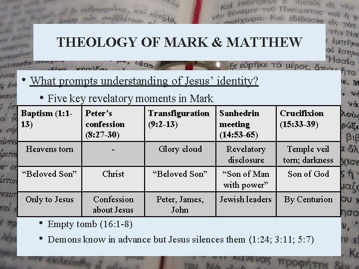 THEOLOGY OF MARK & MATTHEW • What prompts understanding of Jesus’ identity? • Five