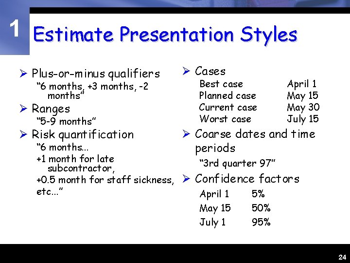 1 Estimate Presentation Styles Ø Plus-or-minus qualifiers “ 6 months, +3 months, -2 months”