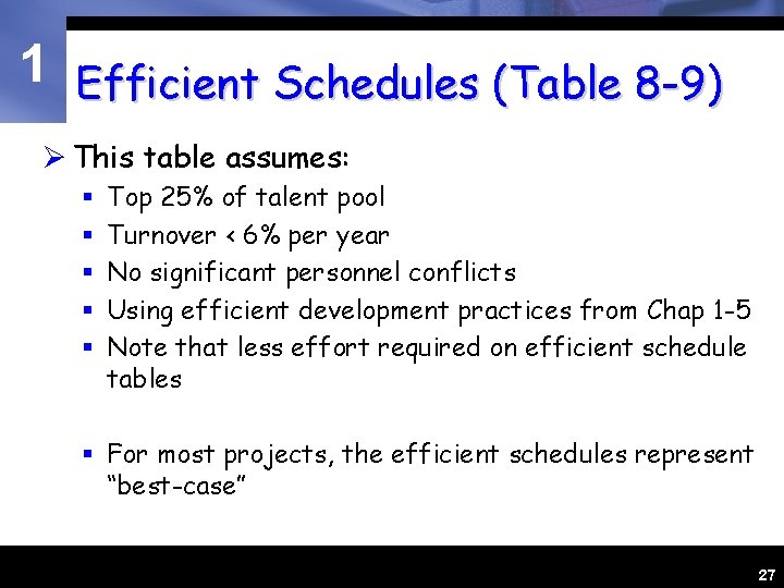 1 Efficient Schedules (Table 8 -9) Ø This table assumes: § § § Top