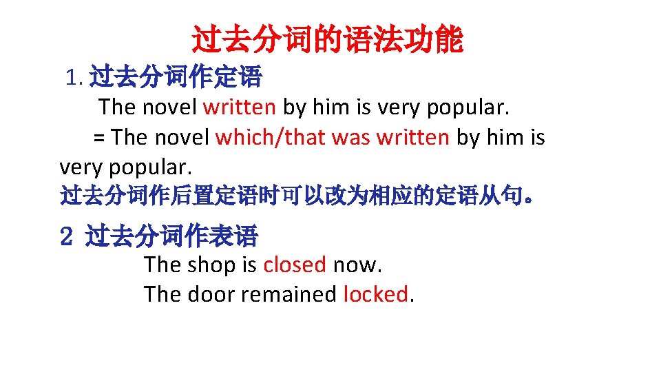 过去分词的语法功能 1. 过去分词作定语 The novel written by him is very popular. = The novel