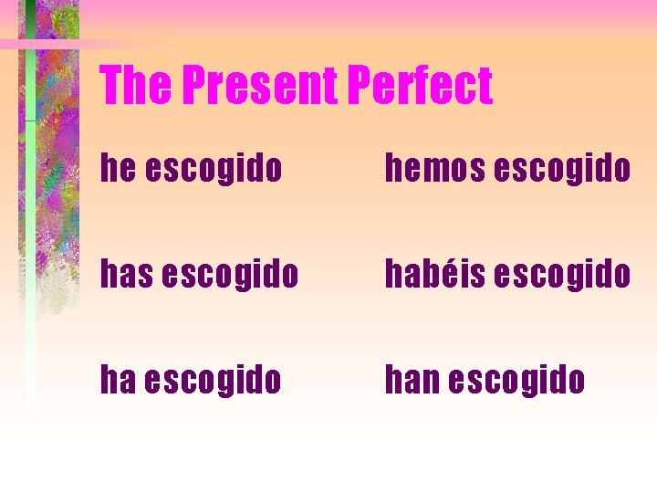 The Present Perfect he escogido hemos escogido habéis escogido han escogido 