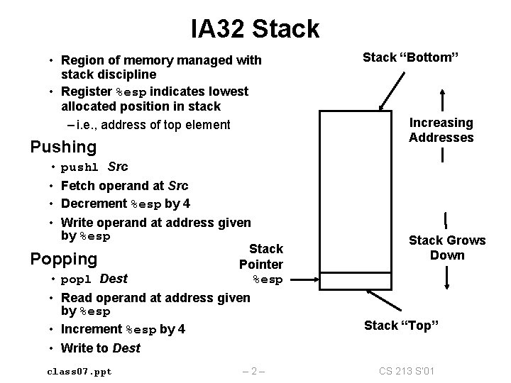 IA 32 Stack • Region of memory managed with stack discipline • Register %esp