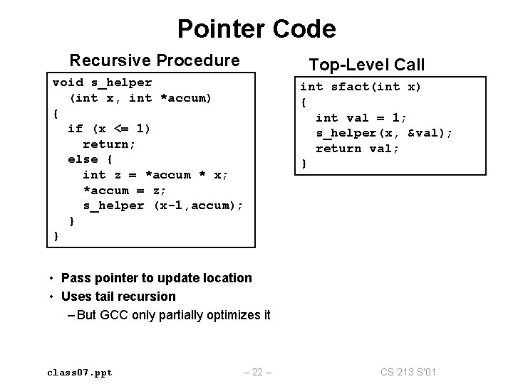 Pointer Code Recursive Procedure Top-Level Call void s_helper (int x, int *accum) { if