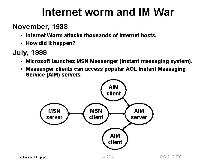Internet worm and IM War November, 1988 • Internet Worm attacks thousands of Internet Internet worm and IM War November, 1988 • Internet Worm attacks thousands of Internet