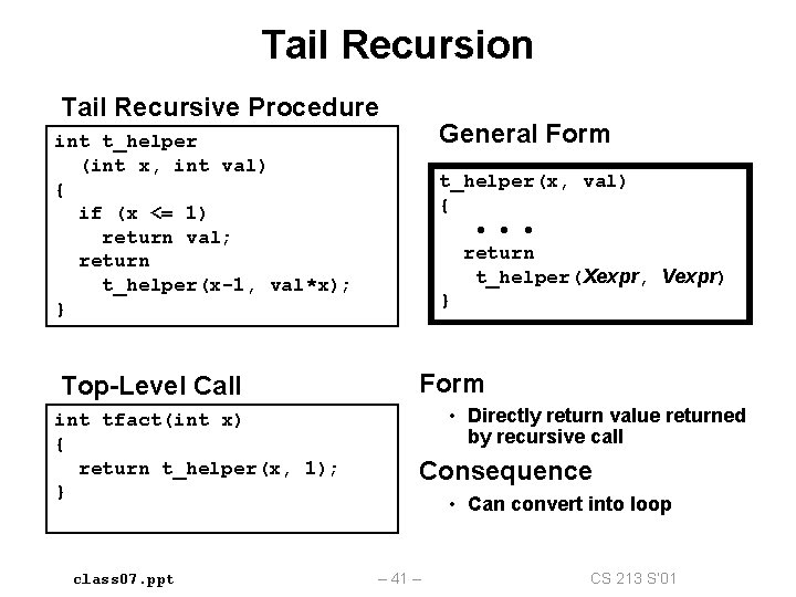 Tail Recursion Tail Recursive Procedure General Form int t_helper (int x, int val) {