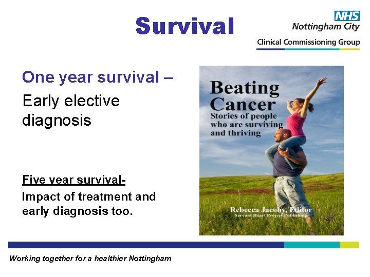 Survival One year survival – Early elective diagnosis Five year survival. Impact of treatment