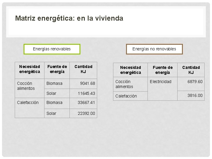 Matriz energética: en la vivienda Energías renovables Necesidad energética Cocción alimentos Calefacción Fuente de