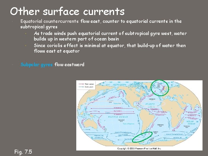 Other surface currents Equatorial countercurrents flow east, counter to equatorial currents in the subtropical