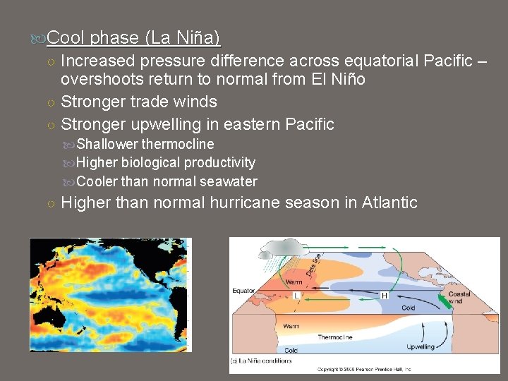  Cool phase (La Niña) ○ Increased pressure difference across equatorial Pacific – overshoots