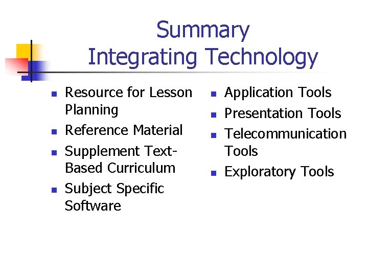 Summary Integrating Technology n n Resource for Lesson Planning Reference Material Supplement Text. Based