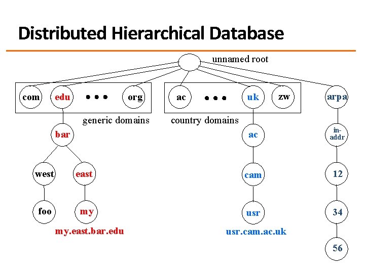 Distributed Hierarchical Database unnamed root com edu org generic domains bar uk ac zw