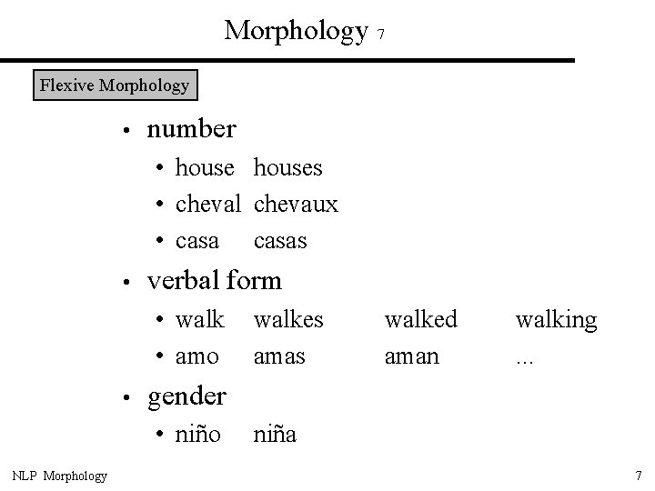 Morphology 7 Flexive Morphology • number • houses • cheval chevaux • casas •