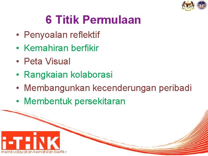 6 Titik Permulaan • • • Penyoalan reflektif Kemahiran berfikir Peta Visual Rangkaian kolaborasi