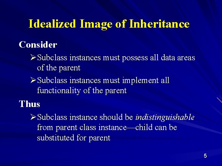 Idealized Image of Inheritance Consider ØSubclass instances must possess all data areas of the