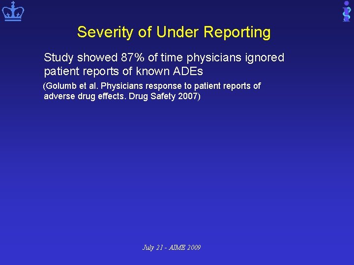 Severity of Under Reporting Study showed 87% of time physicians ignored patient reports of