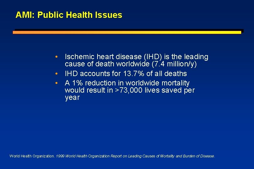 AMI: Public Health Issues • Ischemic heart disease (IHD) is the leading cause of