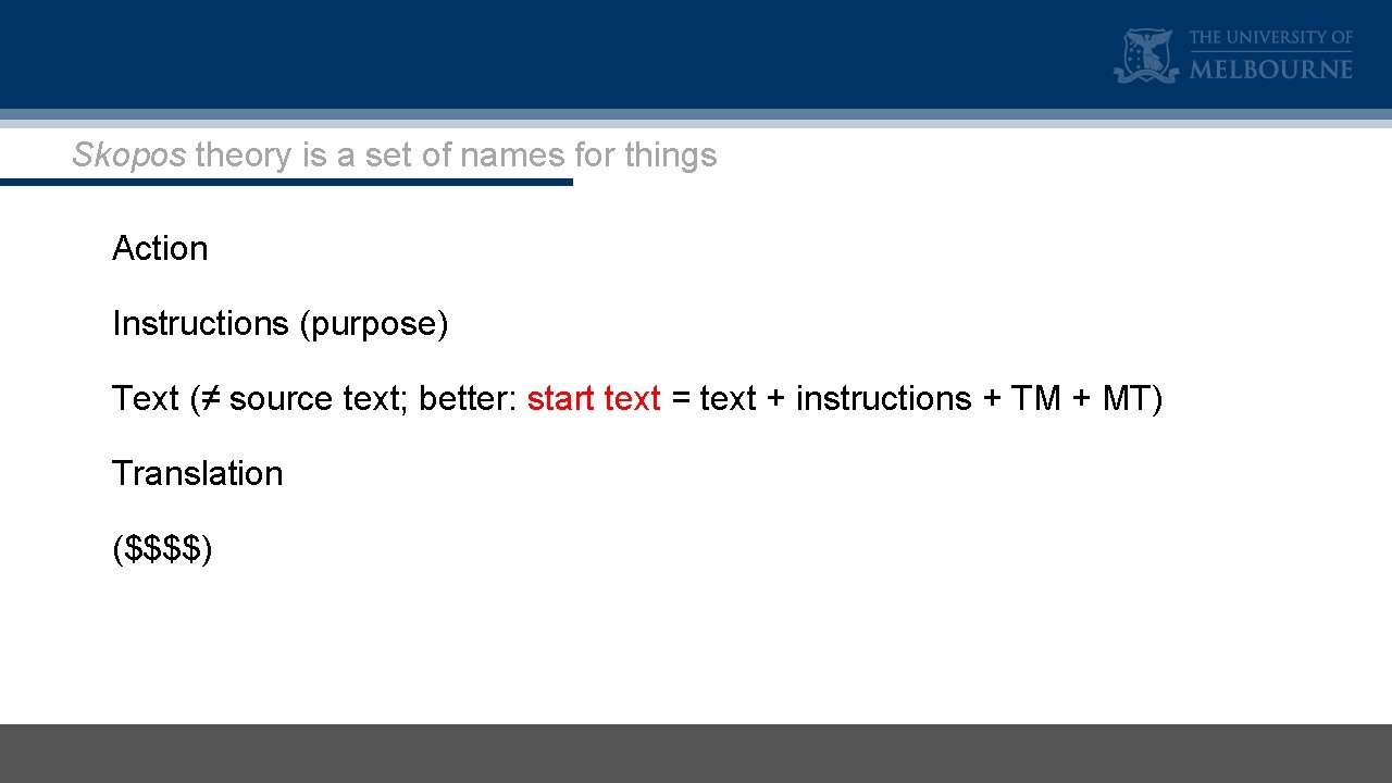 Skopos theory is a set of names for things Action Instructions (purpose) Text (≠