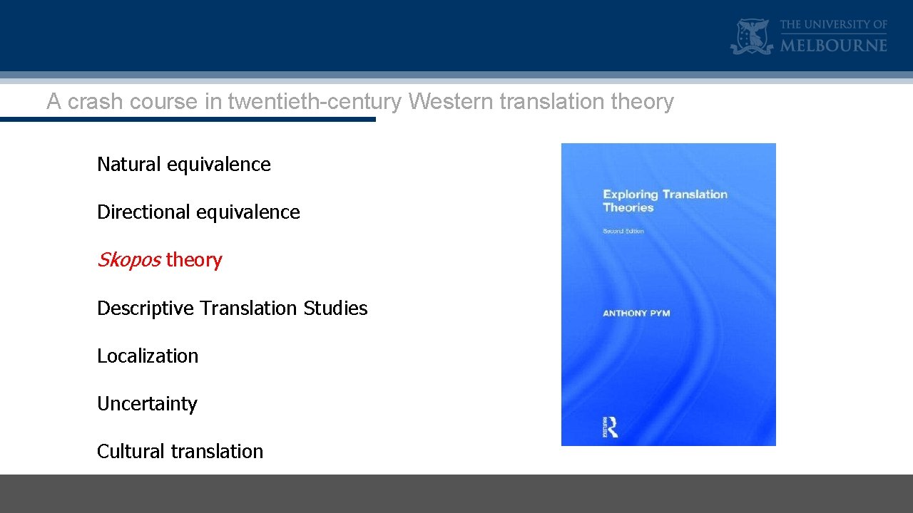 A crash course in twentieth-century Western translation theory Natural equivalence Directional equivalence Skopos theory