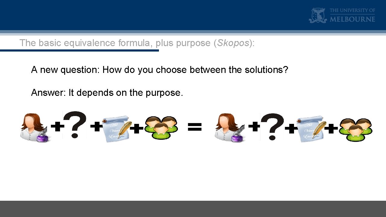 The basic equivalence formula, plus purpose (Skopos): A new question: How do you choose