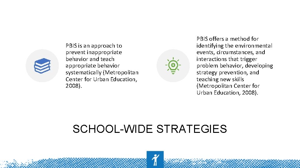 PBIS is an approach to prevent inappropriate behavior and teach appropriate behavior systematically (Metropolitan