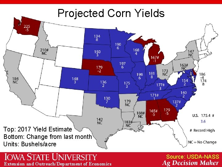 Projected Corn Yields Top: 2017 Yield Estimate Bottom: Change from last month Units: Bushels/acre