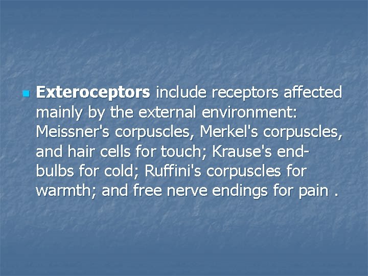 n Exteroceptors include receptors affected mainly by the external environment: Meissner's corpuscles, Merkel's corpuscles,