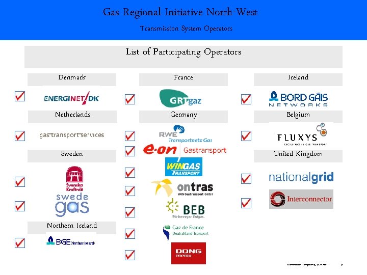 Gas Regional Initiative North-West Transmission System Operators List of Participating Operators Denmark France Ireland