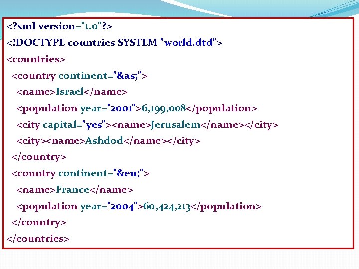 <? xml version="1. 0"? > <!DOCTYPE countries SYSTEM "world. dtd"> <countries> <country continent="&as; ">