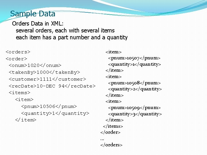 Sample Data Orders Data in XML: several orders, each with several items each item