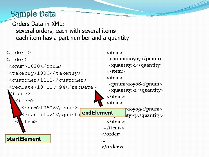 Sample Data Orders Data in XML: several orders, each with several items each item