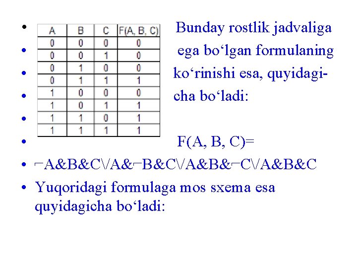  • Bunday rostlik jadvaliga • ega bo‘lgan formulaning • ko‘rinishi esa, quyidagi •