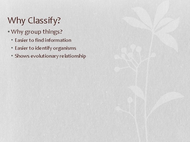 Why Classify? • Why group things? • Easier to find information • Easier to