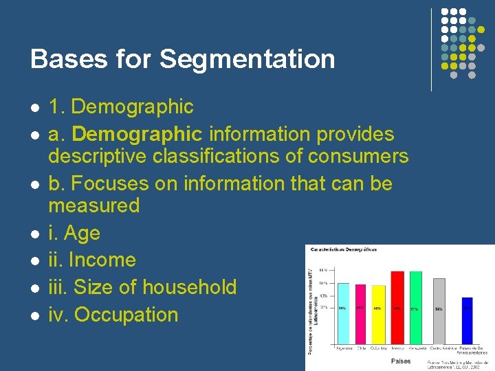 Bases for Segmentation l l l l 1. Demographic a. Demographic information provides descriptive