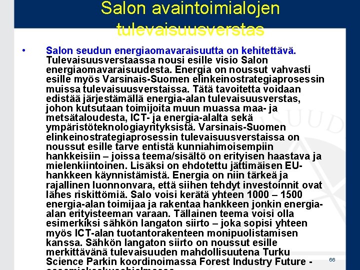 Salon avaintoimialojen tulevaisuusverstas • Salon seudun energiaomavaraisuutta on kehitettävä. Tulevaisuusverstaassa nousi esille visio Salon