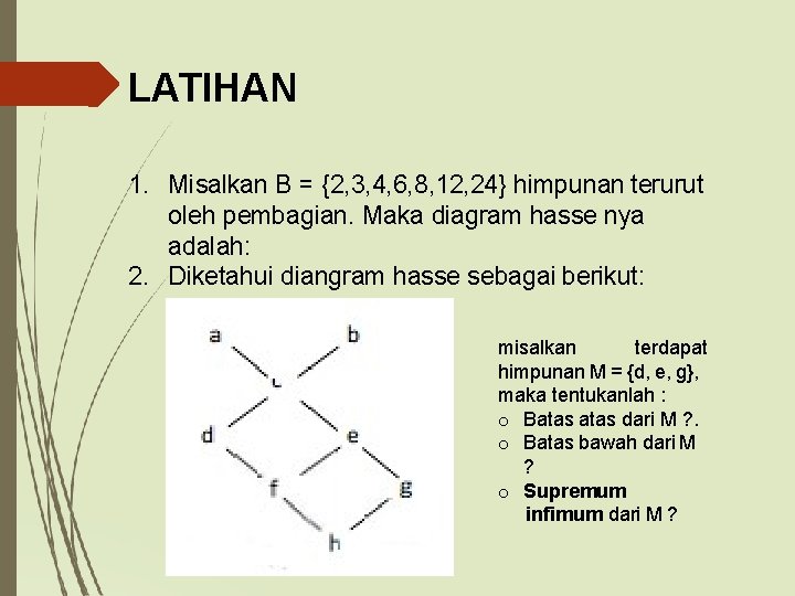 LATIHAN 1. Misalkan B = {2, 3, 4, 6, 8, 12, 24} himpunan terurut