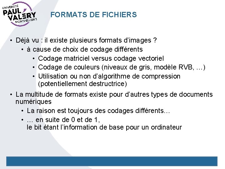 FORMATS DE FICHIERS • Déjà vu : il existe plusieurs formats d’images ? •