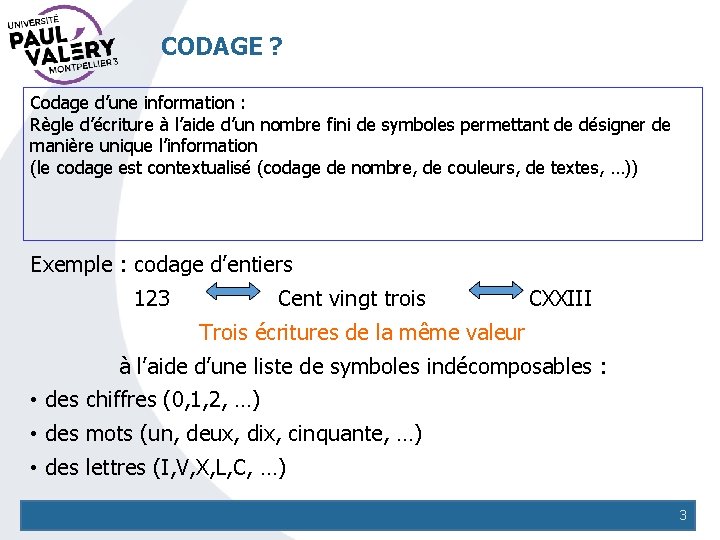 CODAGE ? Codage d’une information : Règle d’écriture à l’aide d’un nombre fini de