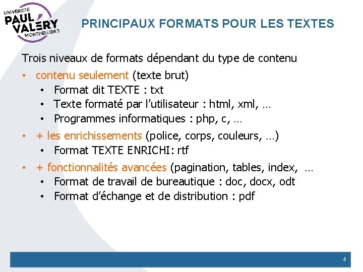 PRINCIPAUX FORMATS POUR LES TEXTES Trois niveaux de formats dépendant du type de contenu